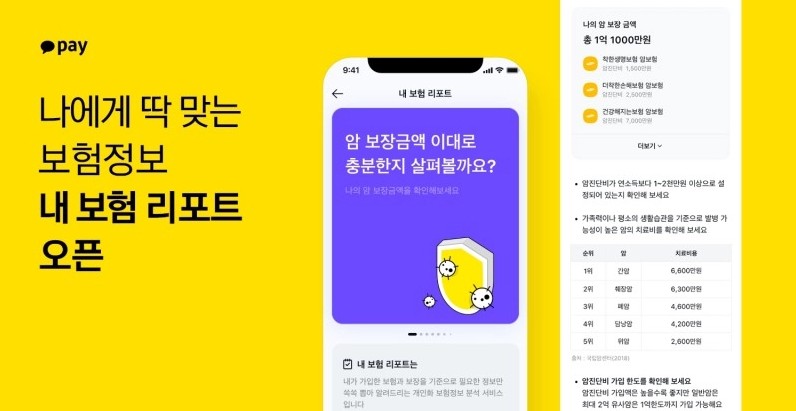 카카오페이 '내 보험 리포트' 모바일 앱 화면으로, 암 보장금액 적정성을 분석하고 보험 가입 현황과 치료비 순위를 개인 맞춤형으로 제공하는 서비스입니다.
