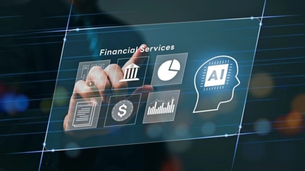 금융 서비스 디지털 인터페이스 화면을 손가락으로 터치하는 모습으로, 은행, 차트, 달러, AI 아이콘 등 금융 AI 서비스 요소가 표시되어 있다.