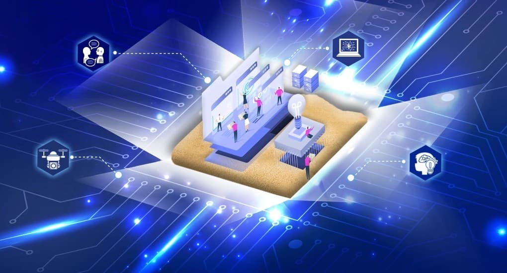 규제 샌드박스 개념을 표현한 디지털 일러스트로, 반도체 칩 위에 사람들이 서비스를 구축하는 모습과 AI, 드론, 협업, 머신러닝 등 혁신 기술 아이콘이 연결되어 있다.