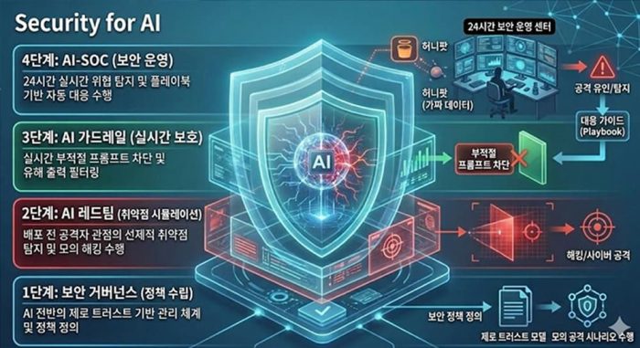 기업 AI 보안 솔루션의 4단계 방어 체계를 보여주는 인포그래픽으로, 보안 거버넌스 정책 수립부터 AI 레드팀, AI 가드레일, AI-SOC 운영까지 단계별 구조와 각 단계의 역할을 설명한다