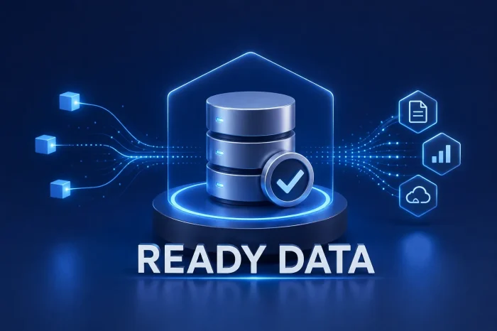 제조업 피지컬 AI의 정확성을 결정짓는 고품질 레디 데이터(READY DATA)의 개념을 시각화한 푸른색 3D 그래픽 이미지