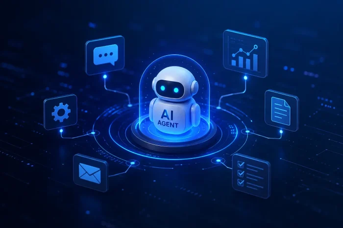 제조업 현장에서 스스로 원인을 분석하고 위험을 예측하여 선제적으로 대응하는 AI 에이전트(AI AGENT) 솔루션을 시각화한 푸른색 3D 로봇 그래픽 이미지.
